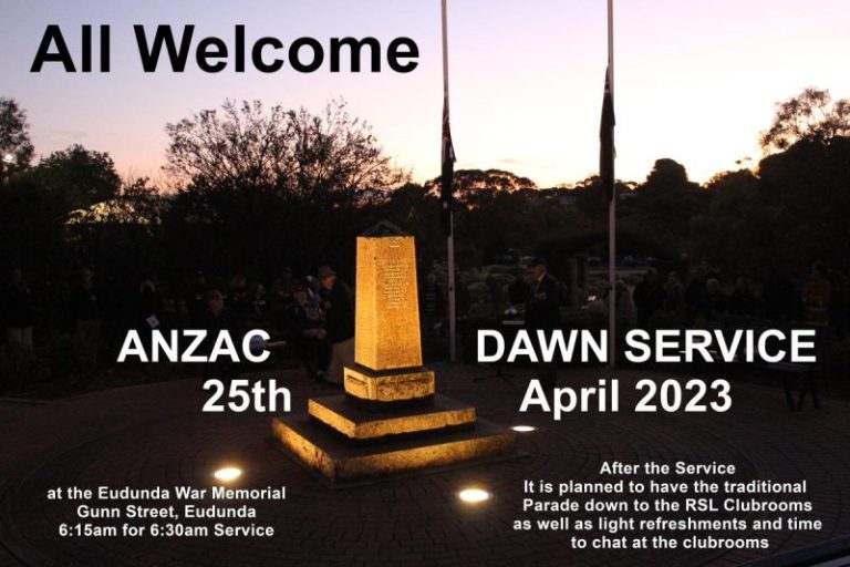ANZAC Dawn Service At Eudunda 25th April 2023 – All Welcome